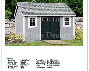 10' x 14' Garden Storage Gable Shed Plans / Blueprints, Material List, Detail Drawnings and Step-by- Step Instructions Included #D1014G