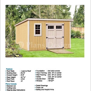 8' x 12' Garden Storage Modern Roof Style, Shed Plans / Blueprints, Material List and Step-by- Step Instructions Included #D0812M