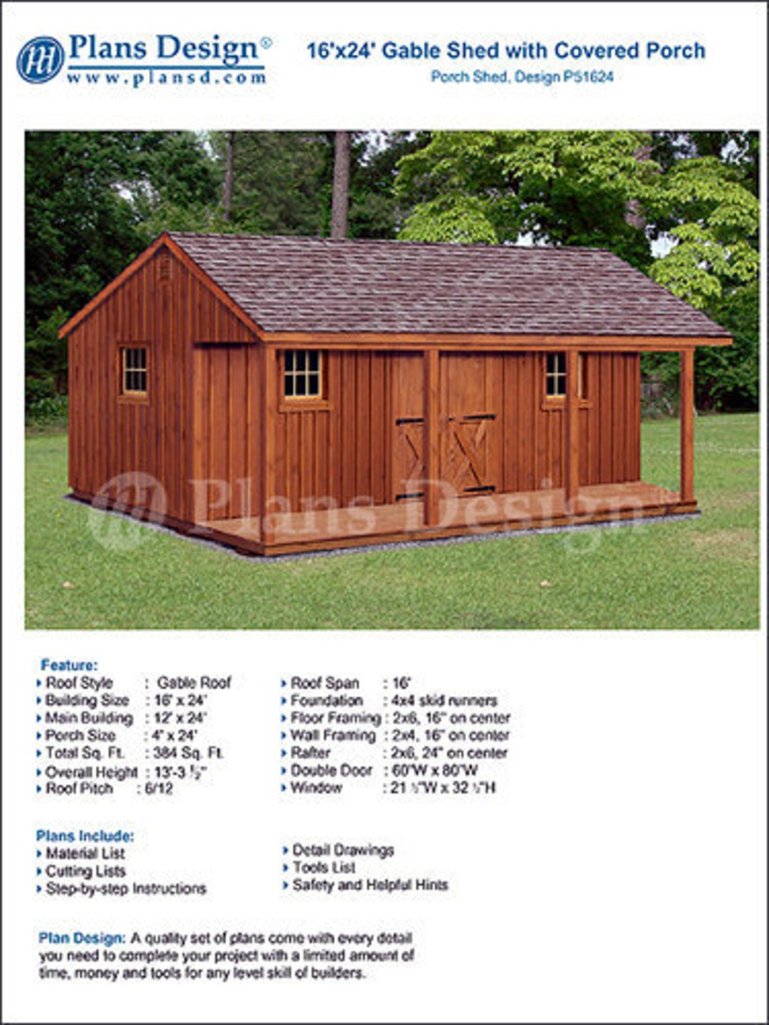 16' X 24' Shed With Porch, Guest House, Cottage or Cabin Building Plans