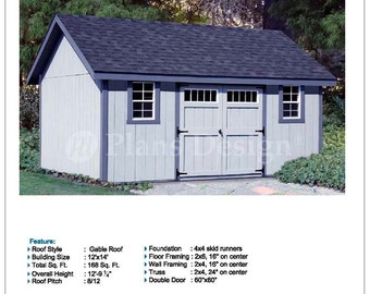 12' x 14' Backyard Garden Gable Shed Plans / Blueprints, Material List, Detail Drawnings and Step-by- Step Instructions Included #D1214G