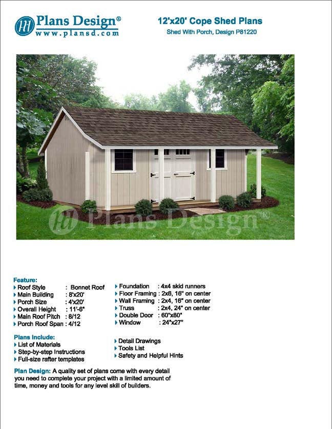 12' X 20' Storage Shed With Porch / Playhouse Plans / Blueprints