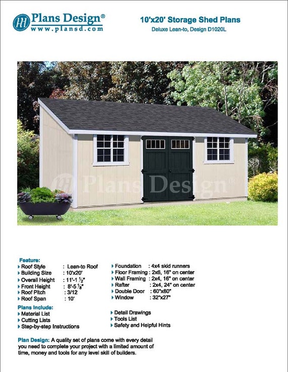 10' x 20' Garden Storage Lean-to Shed Plans | Etsy