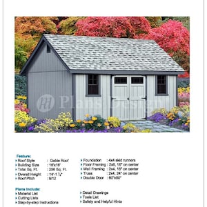 16&#39; x 16&#39; Storage Gable Shed Plans / Blueprints, Material List, Detail Drawnings and Step-by- Step Instructions Included #D1616G