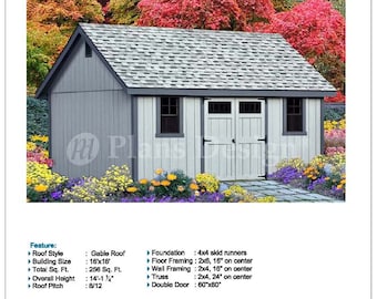 16' x 16' Storage Gable Shed Plans / Blueprints, Material List, Detail Drawnings and Step-by- Step Instructions Included #D1616G