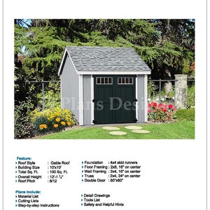 10&#39; x 10&#39; Garden Storage Shed Plans Building Blueprints , Material List, Detail Drawnings and Step-by- Step Instructions Included #D1010G