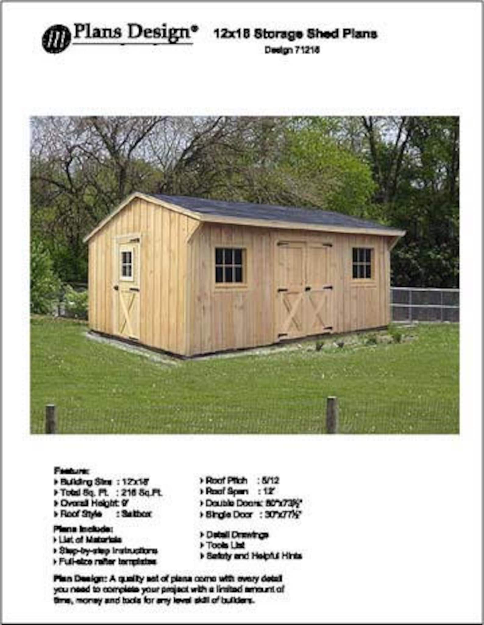 12' X 16' Utility Storage Garden Shed Plans / Blueprints, Saltbox Roof