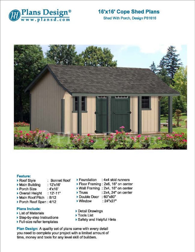 16 X 16 Ft Guest House Storage Shed With Porch Plans / Blueprints