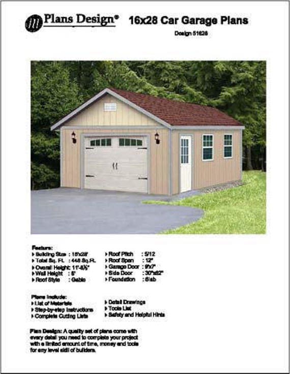 16 Ft X 28 Ft Classic Gable Roof Car Garage Blueprints Etsy Canada