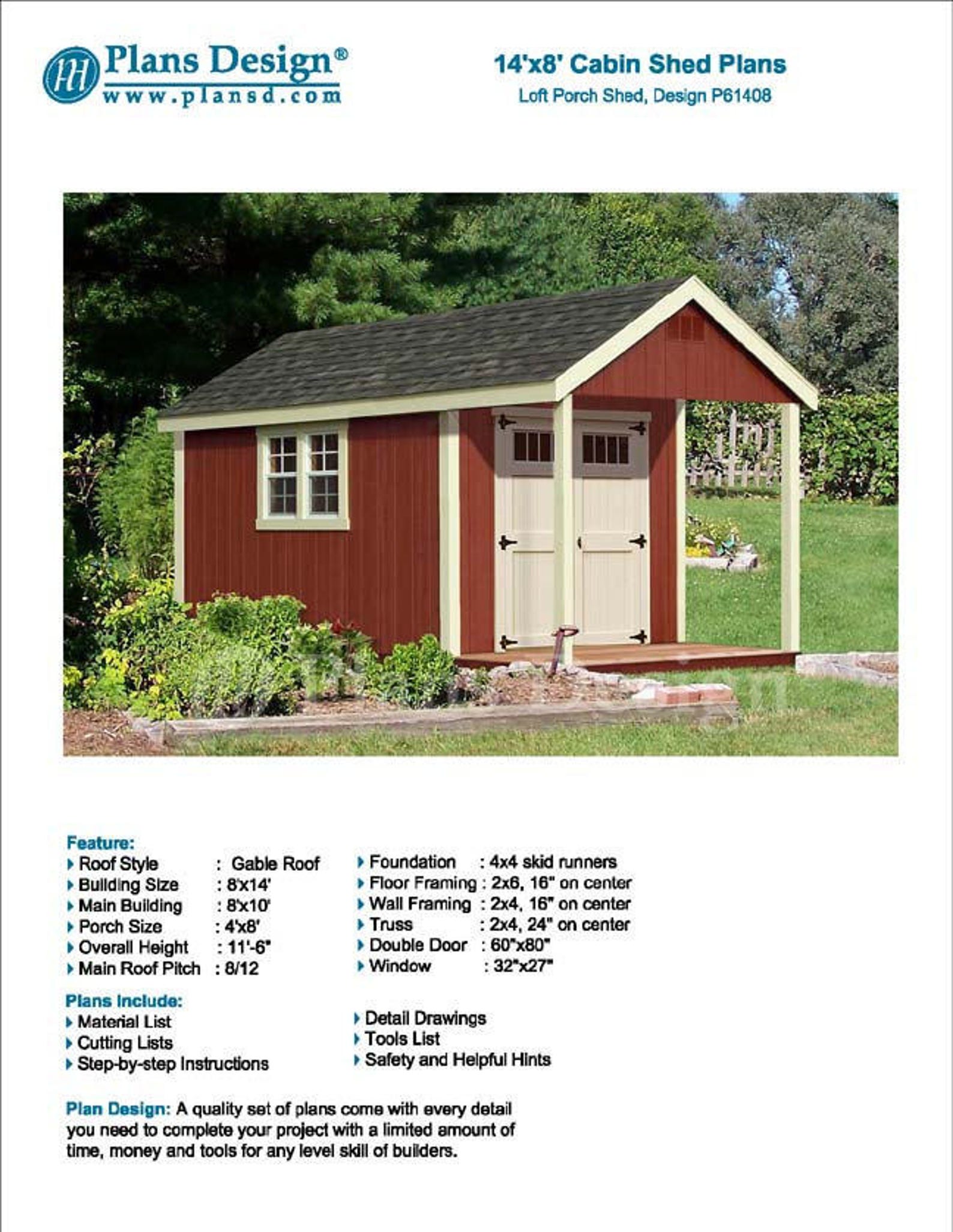 14' X 8' Cabin Shed With Porch Plans Blueprint / Shed Etsy