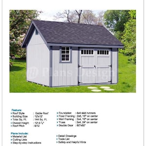 12' x 12' Backyard Garden Gable Shed Plans / Blueprints, Material List, Detail Drawnings and Step-by- Step Instructions Included #D1212G