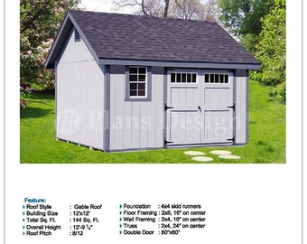 12' x 12' Backyard Garden Gable Shed Plans / Blueprints, Material List, Detail Drawnings and Step-by- Step Instructions Included #D1212G
