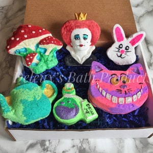 Alice in Wonderland Bath Bomb Set. Tea Party Set of Bath Bombs. Bath Bombs. Mad Hatter. Painted Rose. Cheshire. Gift for Fan. Gift for Mom. image 1