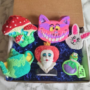 Alice in Wonderland Bath Bomb Set. Tea Party Set of Bath Bombs. Bath Bombs. Mad Hatter. Painted Rose. Cheshire. Gift for Fan. Gift for Mom. image 9
