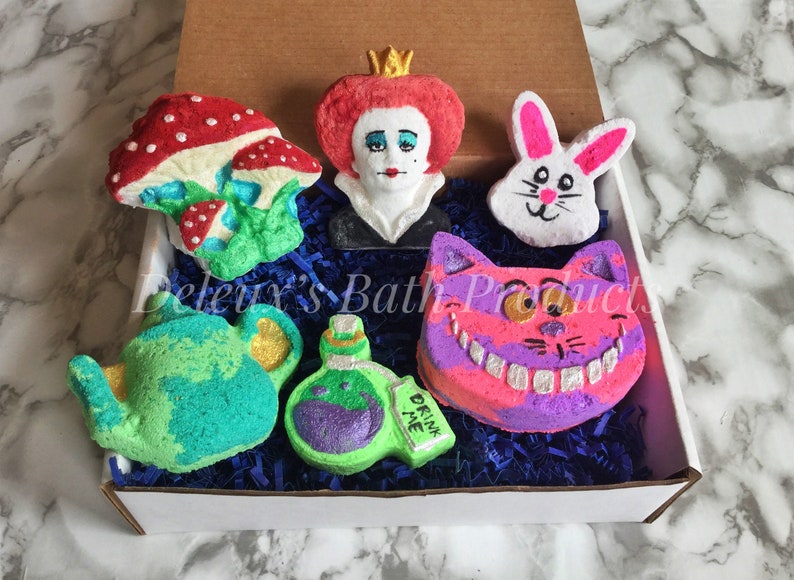 Alice in Wonderland Bath Bomb Set. Tea Party Set of Bath Bombs. Bath Bombs. Mad Hatter. Painted Rose. Cheshire. Gift for Fan. Gift for Mom. image 1