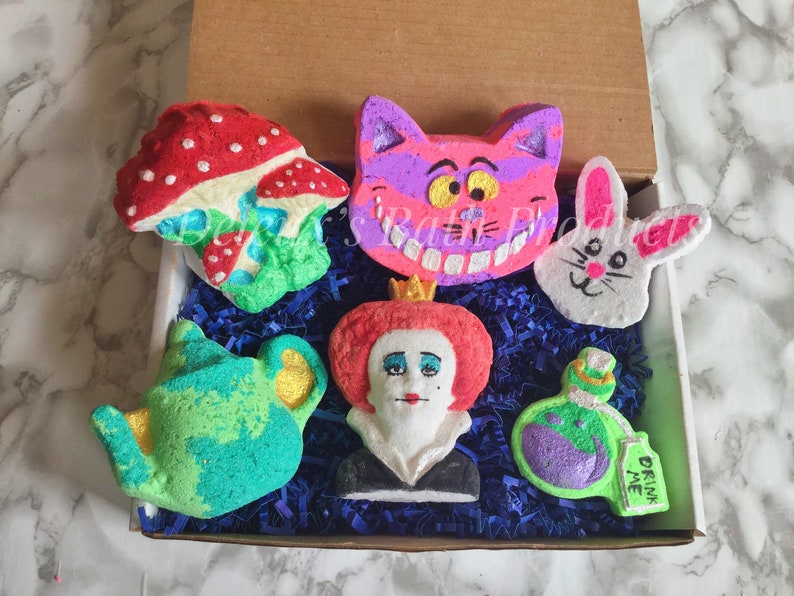 Alice in Wonderland Bath Bomb Set. Tea Party Set of Bath Bombs. Bath Bombs. Mad Hatter. Painted Rose. Cheshire. Gift for Fan. Gift for Mom. image 9