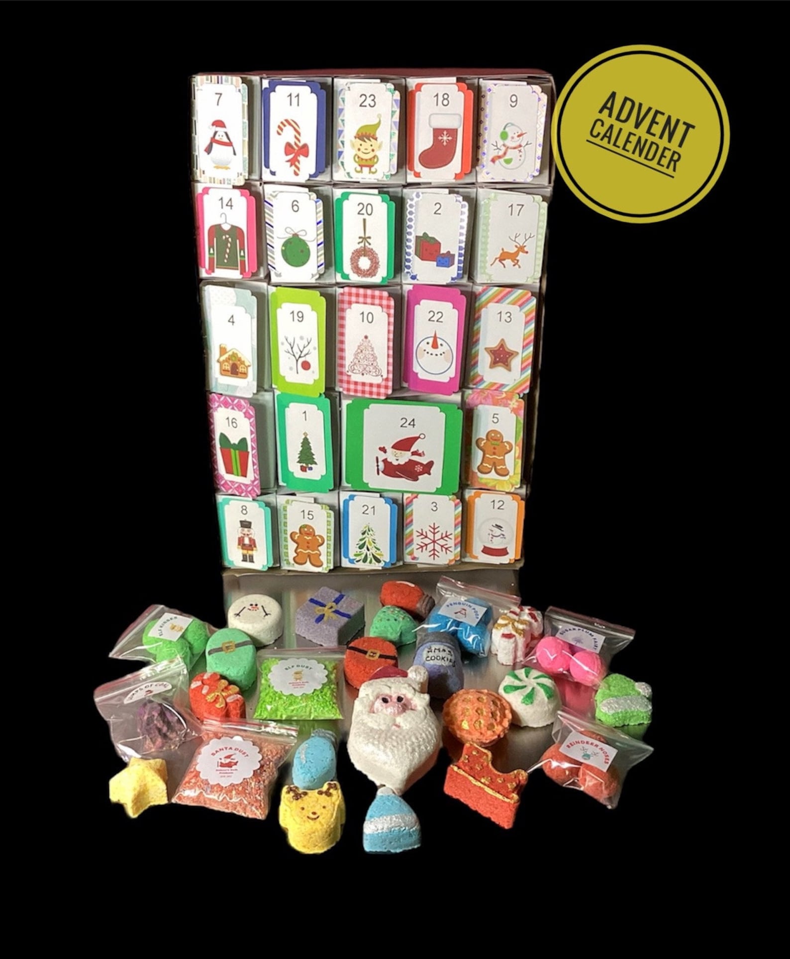 Advent Calendar Bath Bomb Box. Filled with mini (and a few larger sized!) bath bombs! Christmas Advent Calendar. Christmas and Winter Themed