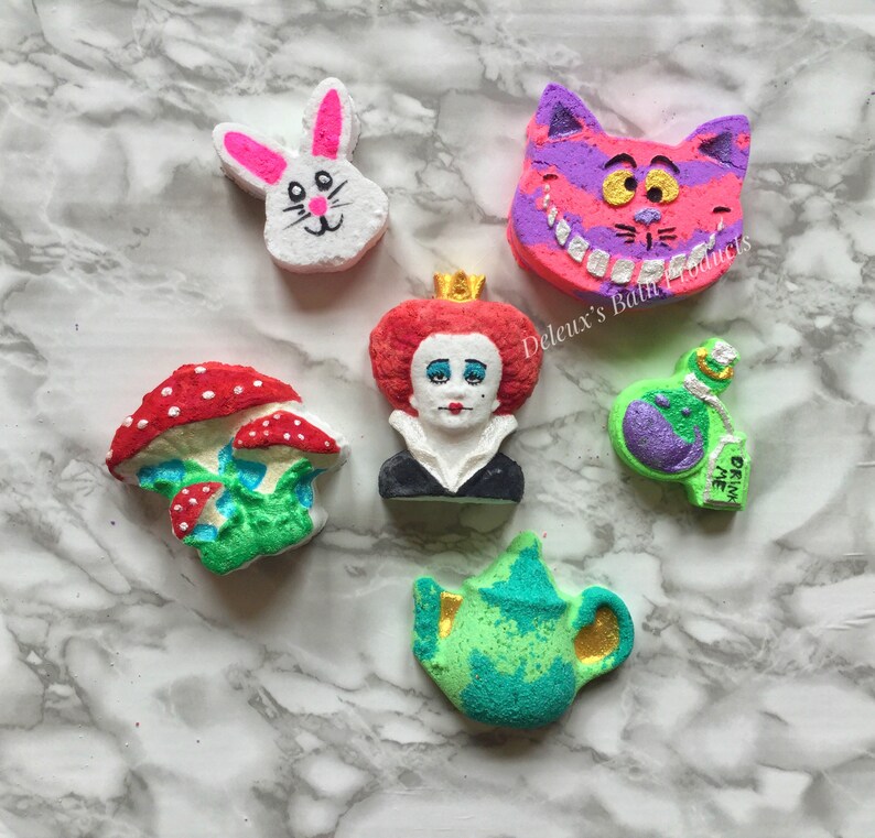 Alice in Wonderland Bath Bomb Set. Tea Party Set of Bath Bombs. Bath Bombs. Mad Hatter. Painted Rose. Cheshire. Gift for Fan. Gift for Mom. image 2