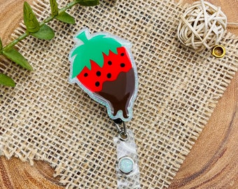 Chocolate Covered Strawberry Glitter Badge Reel | Retractable Badge Holder | ID Holder With Belt Clip | RN | Nurse | Valentine’s Day