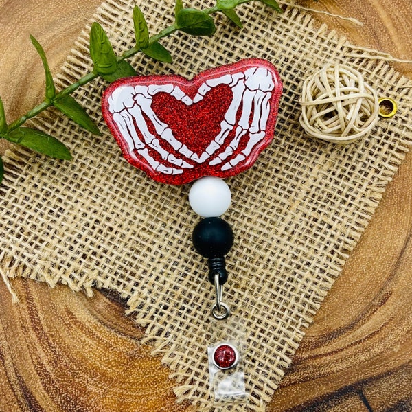 Skeleton Heart Glitter Badge Reel | Retractable Badge Holder | ID Holder With Belt Clip | Valentine’s Day Humor | Dead Inside | Funny Vday