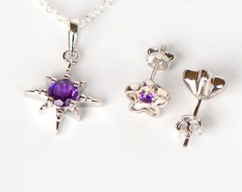 Sterling Silver Amethyst Star Pendant Necklace & Earrings Set