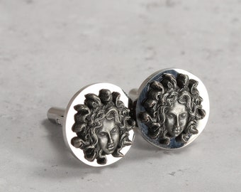 Medusa Head Cufflinks: Gold & Silver Stainless Steel, Mythological Jewelry