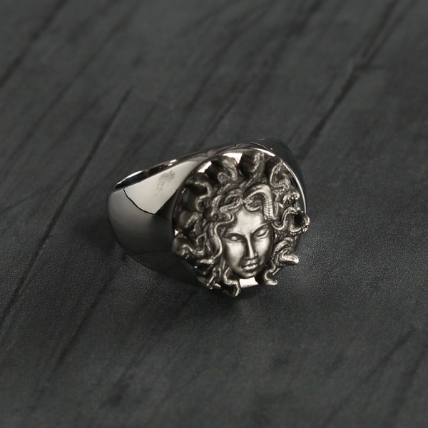 Medusa Head Signet Ring, Silver with Antique Silver