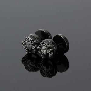 Medusa Head Stud Earrings: Black & Antique Silver Barbell Jewelry