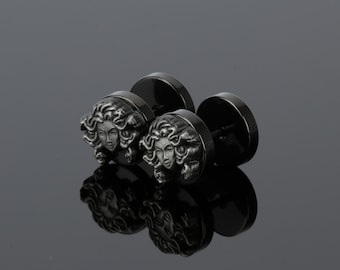 Medusa Head Stud Earrings | Black & Oxidised Silver Barbell Jewelry