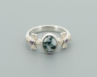 Bijoux nature bohème : bague trèfle agate mousse en argent sterling avec améthyste