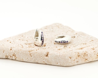 Sterling Silver Oval Amethyst Gemstone Huggie Hoop Earrings