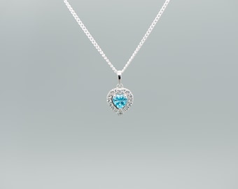 Heart Shaped Pendant Necklace - 925 Sterling Silver with Blue Topaz & Moissanite