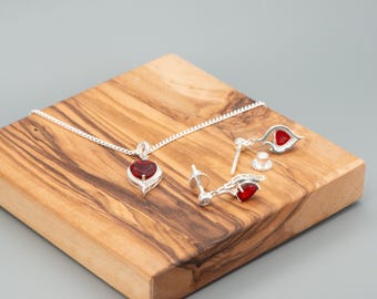 Sterling Silver Heart Flame Garnet Pendant Necklace & Moissanite Earrings Set