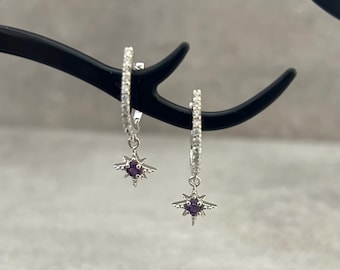 Sterling Silver Amethyst Star Earrings: Dangle Hoop Jewellery