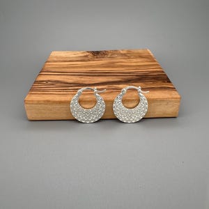 Peut inclure: Une paire de cr&eacute;oles en argent pr&eacute;sentant un motif g&eacute;om&eacute;trique textur&eacute; sur la surface avant. Les boucles d'oreilles ont une forme circulaire avec un m&eacute;canisme de fermeture &agrave; charni&egrave;re, arborant une finition m&eacute;tallique et des d&eacute;tails triangulaires.