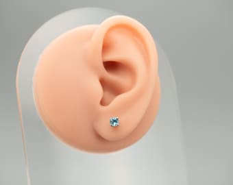 Dainty Blue Topaz Stud Earrings, 4mm Screw Back, Sterling Silver, December Birthstone