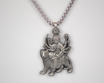 Goddess Durga Maa Pendant Necklace: Antique Silver Hindu Amulet