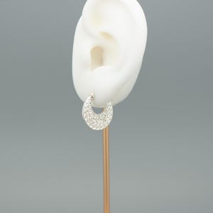 Peut inclure: Une petite boucle d'oreille cr&eacute;ole argent&eacute;e pr&eacute;sentant un design en forme de croissant avec un motif filigrane en relief complexe sur toute sa surface. La boucle d'oreille est pr&eacute;sent&eacute;e sur un support en forme d'oreille blanche.