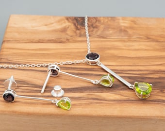 Handmade Sterling Silver 925 Amethyst & Peridot Bar Necklace and Earring Set