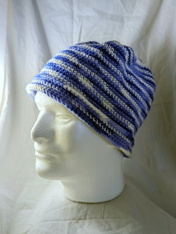Handmade Blue and White Beanie Unisex Handmade Crochet Ribbed Beanie With Faux Fur Pompom  main image 2