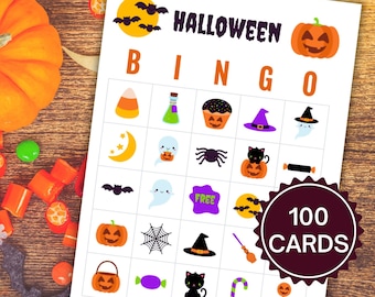 Halloween Bingo Game, Kids Halloween Games Printable, 100 Bingo Cards, Halloween Party Game, Preschool Kindergarten Halloween Activities, HW