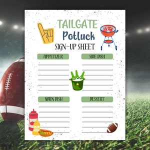 Könnte beinhalten: Ein druckbarer Anmeldezettel für ein Tailgate-Potluck. Der Anmeldezettel hat Abschnitte für Vorspeisen, Beilagen, Hauptgerichte und Desserts. Der Anmeldezettel ist mit Fußball-Grafiken verziert.