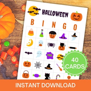 Bingo de Halloween imprimible, 40 cartones de bingo, juego de bingo de Halloween escolar, actividad de Halloween para niños, juego de fiesta de Halloween en el aula, HW