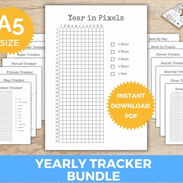 Year in Pixels, Bullet Journal, Yearly Tracker, Mood Tracker, Habit Tracker, printable A5 pages, dot grid journal pages, bujo trackers, BJ