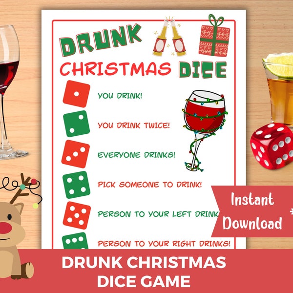 Christmas Drunk Dice Game, Holiday Drinking Game, Adult Drinking Dice Game, Adult Christmas Party Game Printable, Friendsmas Party game, CM