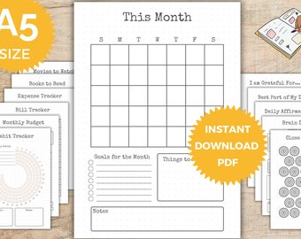 Printable Bullet Journal Pages, Premade Bullet Journal Printable, Habit Tracker, A5 bujo printable pages, dot grid, blank calendar, BJ
