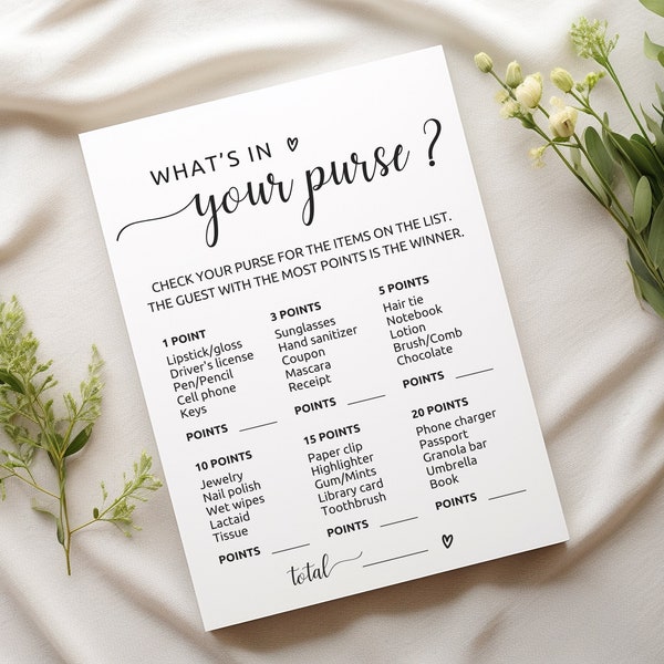 What's in Your Purse Game Bridal Shower Game, Minimalist Bridal Party Games, Baby Shower Game, Hens Party, Bachelorette Printable, M1, B1