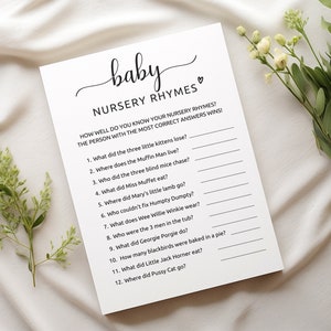 Jeu de comptines pour baby shower | Jeux-questionnaires pour bébés | Modèle de jeu neutre en matière de genre | Quiz sur les comptines | Douche de bébé minimaliste | M1