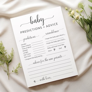 Carte de prédictions pour bébé | Jeux de baby shower minimalistes | Conseils et souhaits pour les nouveaux parents | Prédictions et conseils pour bébé | Modèle bébé | M1