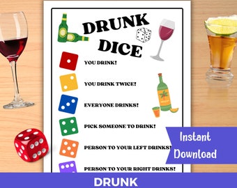 Juego de dados borrachos imprimible, juego de beber para adultos, juego de beber de despedida de soltera, juego de beber de cumpleaños número 21, juego de beber virtual, fiesta de adultos