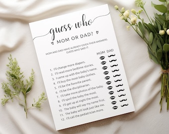 Peut inclure: Une carte de jeu rectangulaire blanche intitulée Guess Who Mom or Dad avec du texte noir et douze énoncés numérotés. Chaque énoncé comporte une colonne pour maman avec des icônes de lèvres et une pour papa avec des moustaches.